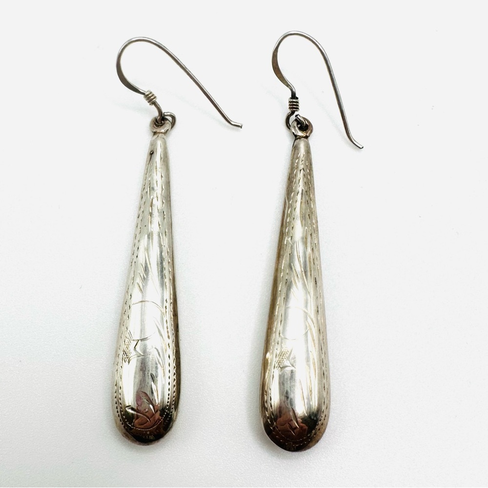 STERLING SILVER Earrings Etched Shiny Long Teardrop Boho Drop Hook Wires